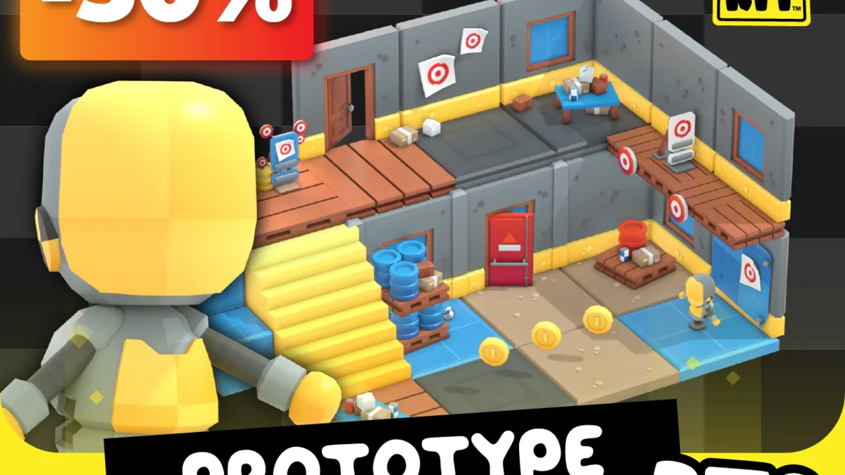 Low-poly prototype models with blocks, doors, targets, platforms and test pieces.