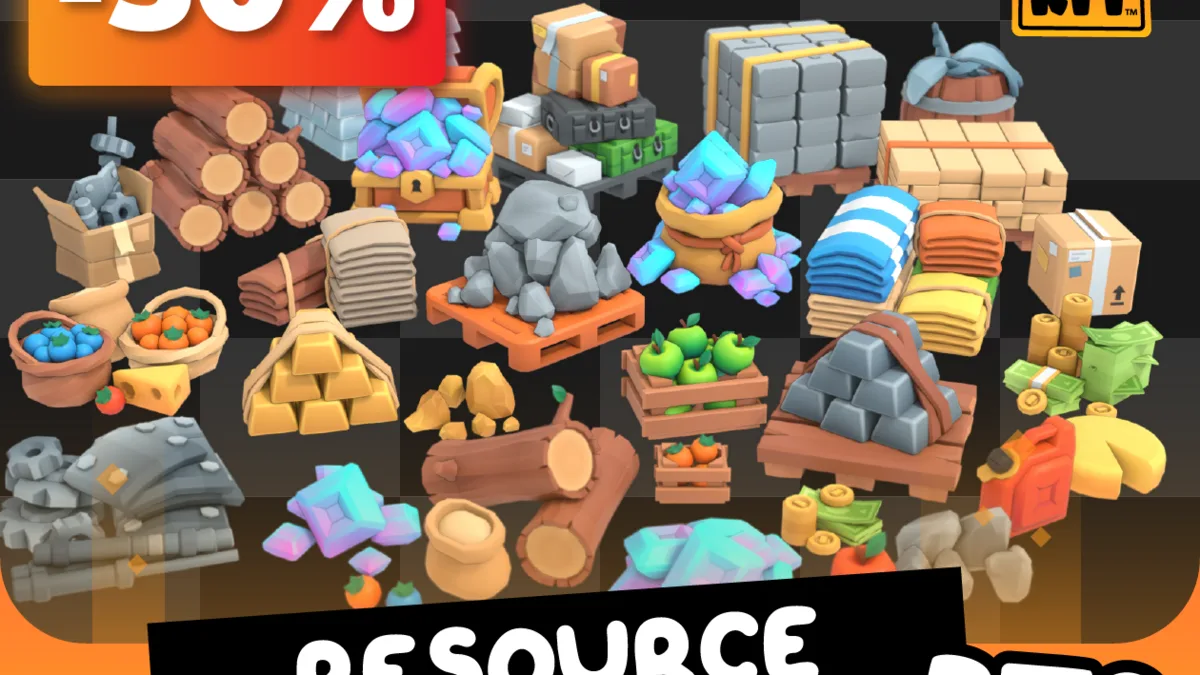 Low-poly crafting resources including logs, stones, ore, cloth and crystal props.