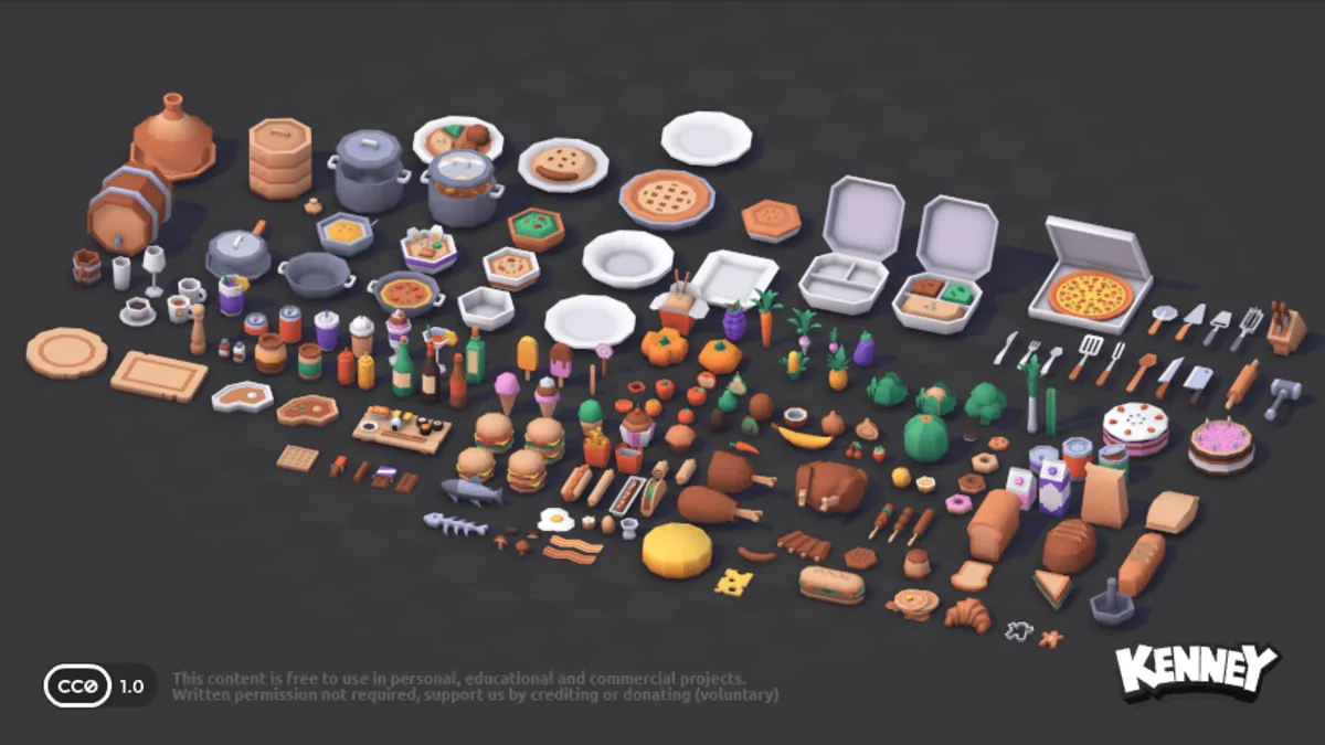 Low-poly food models including fruit, bread, bottles, plates and kitchen props.