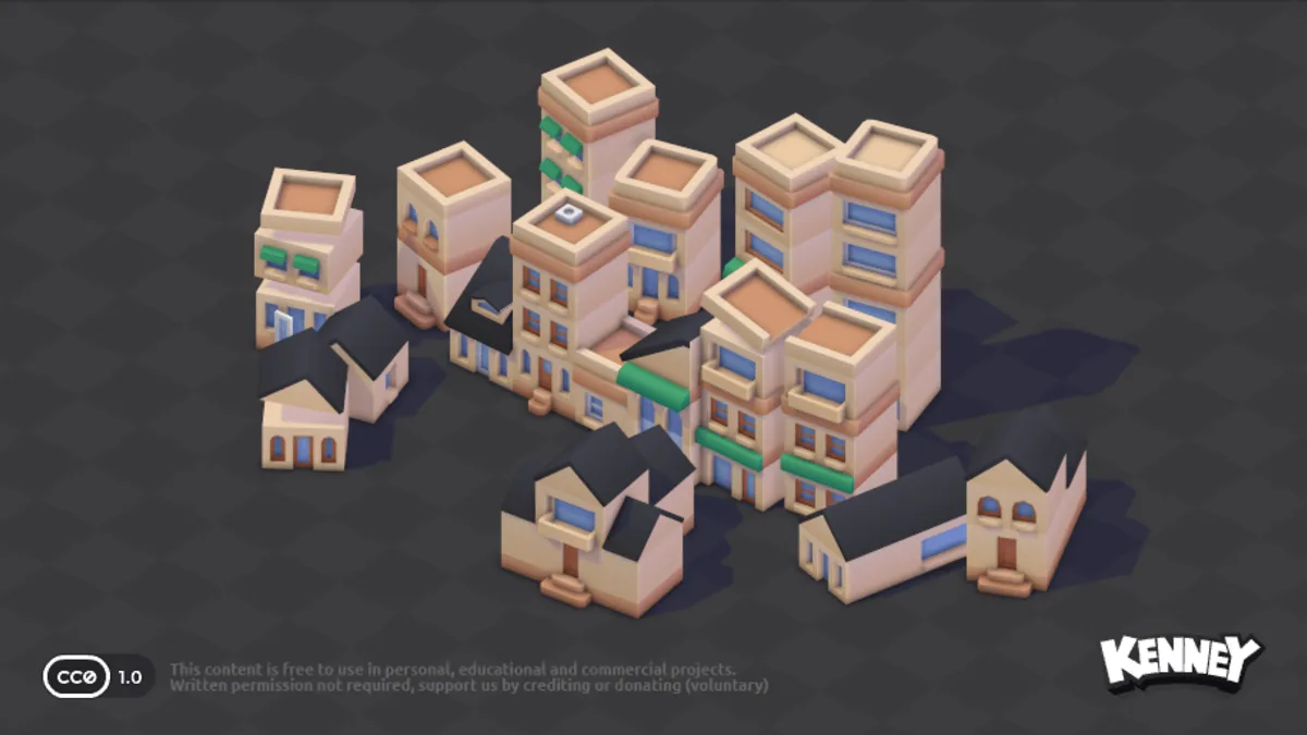 Low-poly modular city building pieces with roofs, windows and road modules.