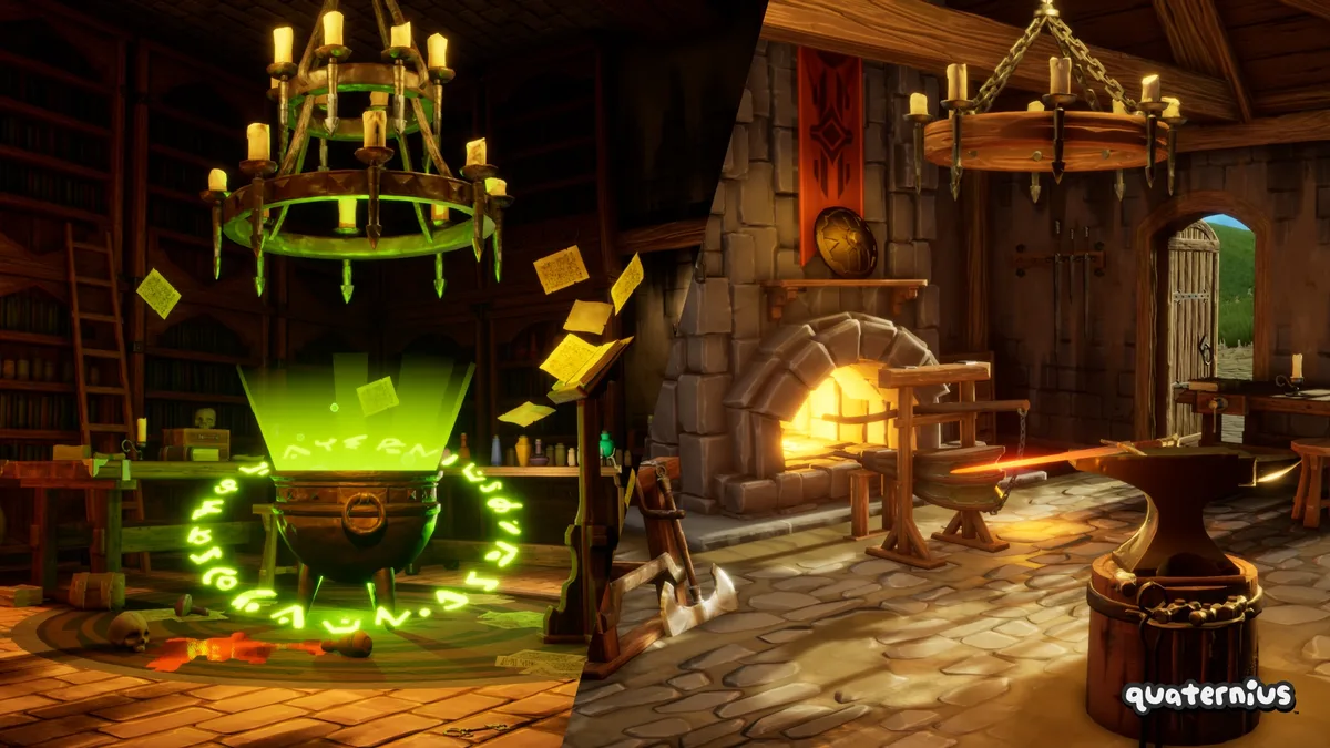 Low-poly fantasy props including a chest, sword, barrel, crate and market objects.