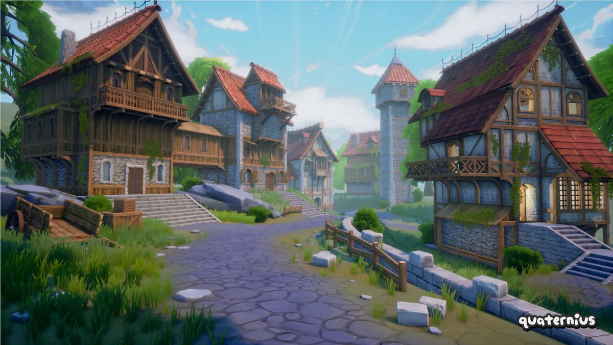 Low-poly medieval village kit with modular houses, roofs, doors and wall pieces.