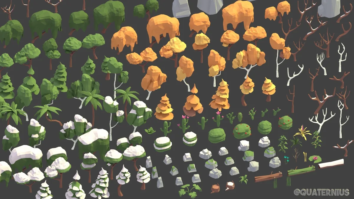 Low-poly nature models including trees, rocks, grass, mushrooms and terrain props.
