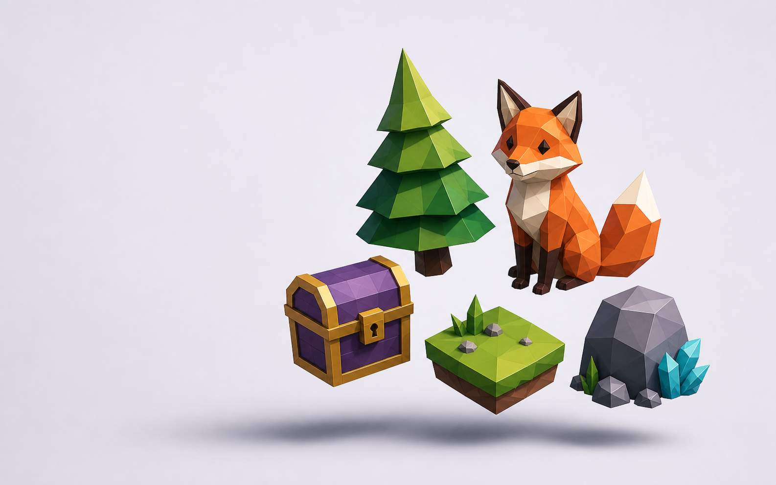 Low-poly game-ready fox, tree, treasure chest, terrain and crystal assets